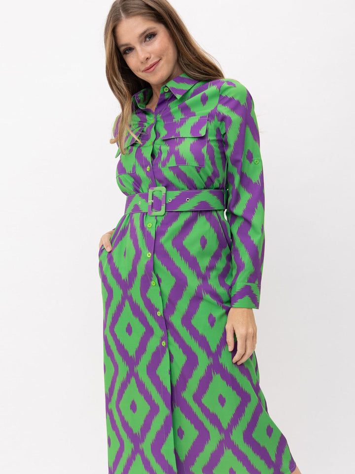 WOMEN'S LONG SLEEVE BUTTON UP POCKETS BELTED PRINTED MIDI DRESS
