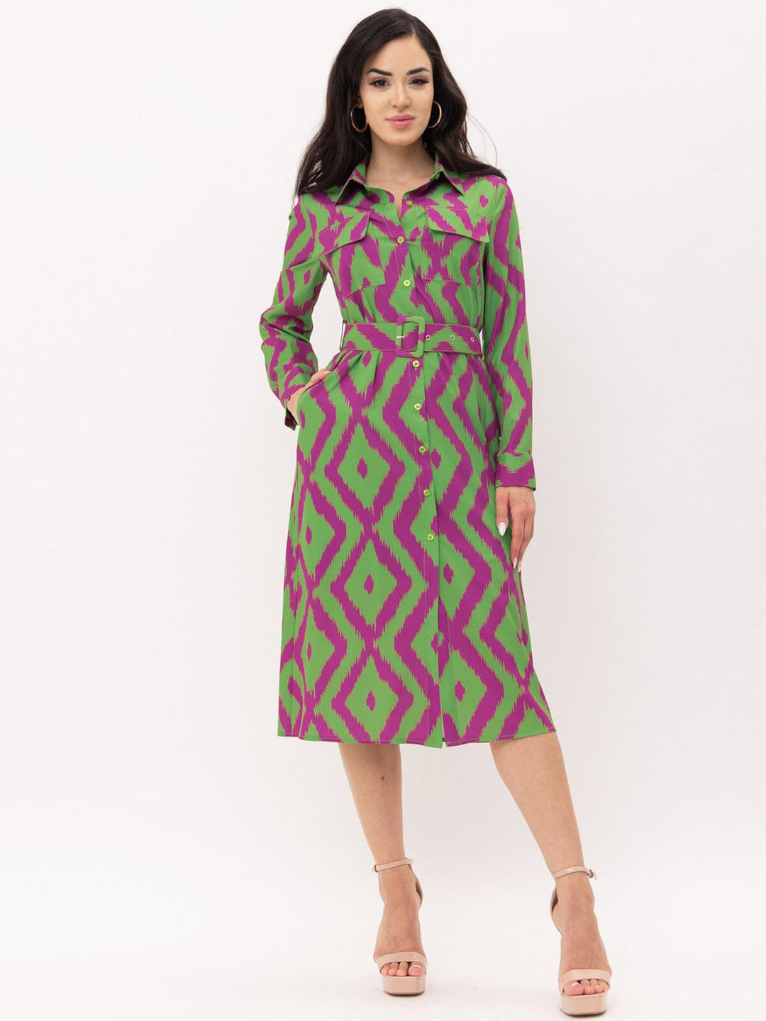 WOMEN'S LONG SLEEVE BUTTON UP POCKETS BELTED PRINTED MIDI DRESS