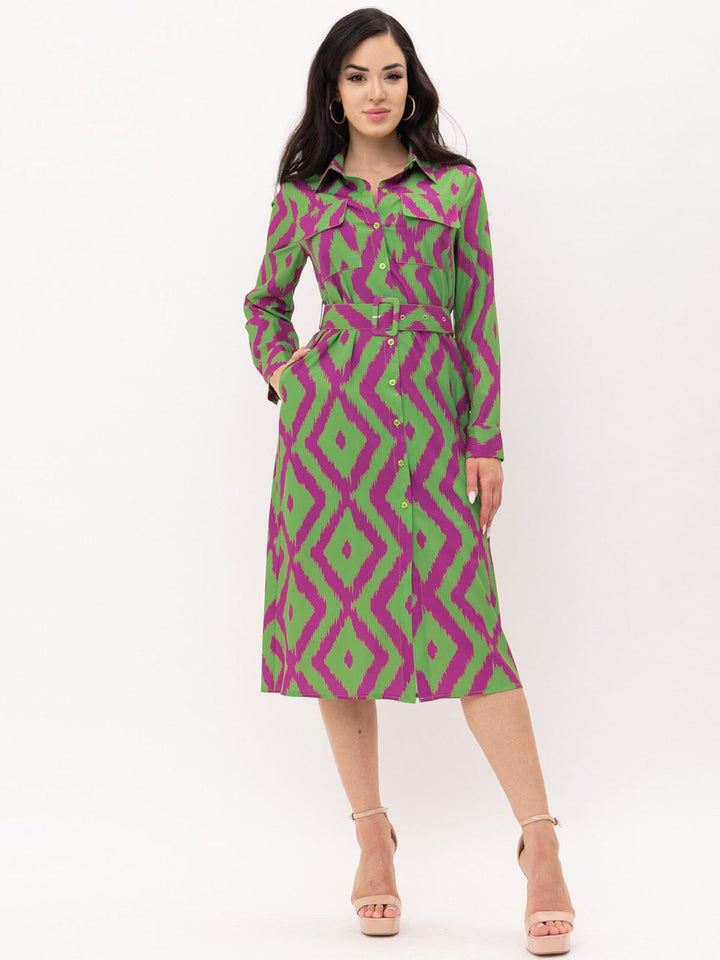 WOMEN'S LONG SLEEVE BUTTON UP POCKETS BELTED PRINTED MIDI DRESS