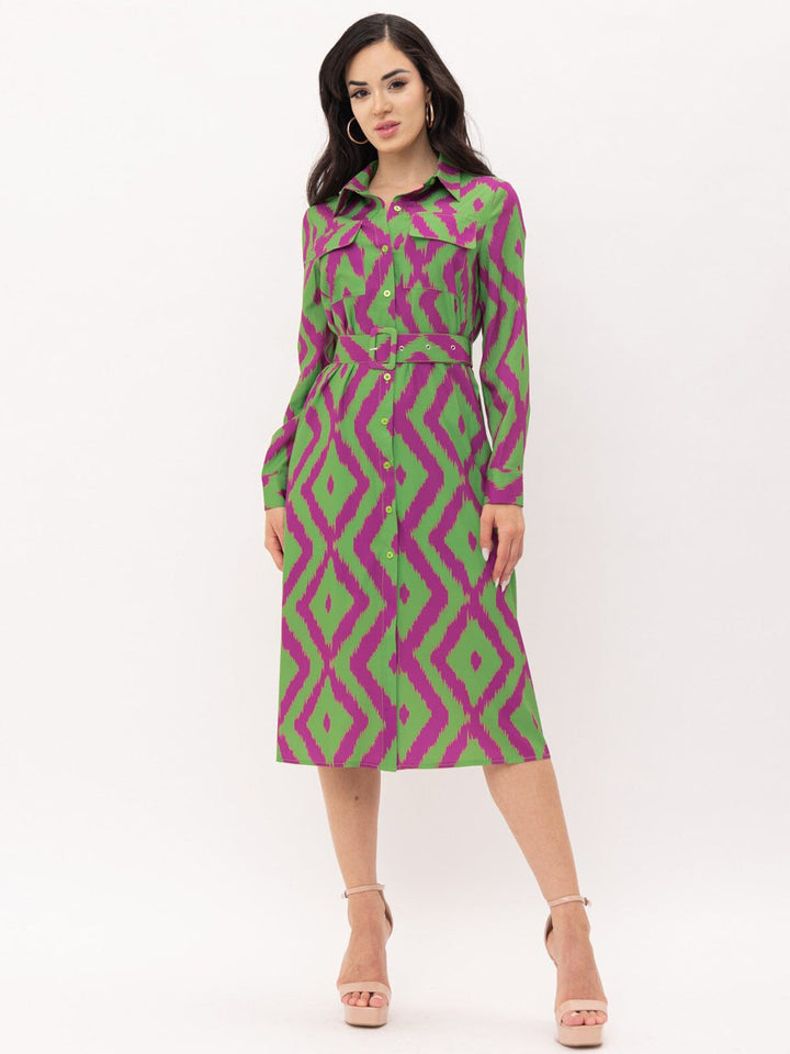 WOMEN'S LONG SLEEVE BUTTON UP POCKETS BELTED PRINTED MIDI DRESS