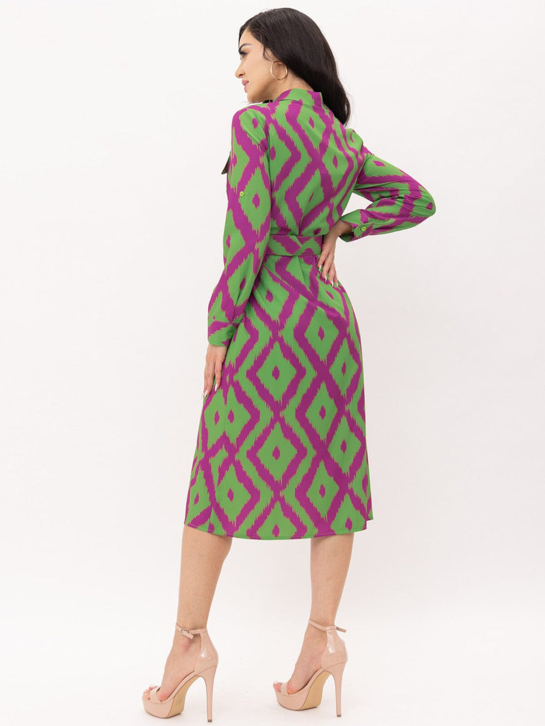 WOMEN'S LONG SLEEVE BUTTON UP POCKETS BELTED PRINTED MIDI DRESS
