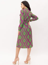 WOMEN'S LONG SLEEVE BUTTON UP POCKETS BELTED PRINTED MIDI DRESS