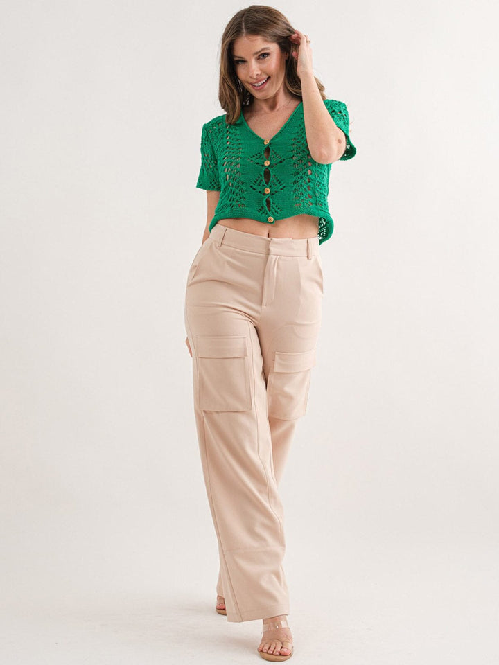 WOMEN'S SHORT SLEEVE BUTTON UP KNITTED BLOUSE TOP