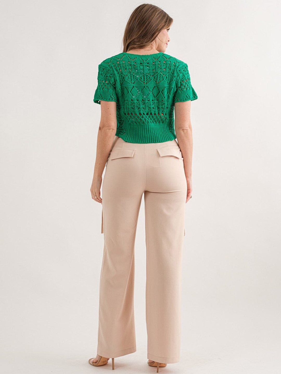 WOMEN'S SHORT SLEEVE BUTTON UP KNITTED BLOUSE TOP