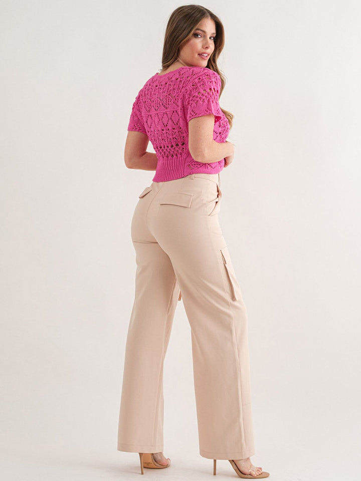 WOMEN'S SHORT SLEEVE BUTTON UP KNITTED BLOUSE TOP