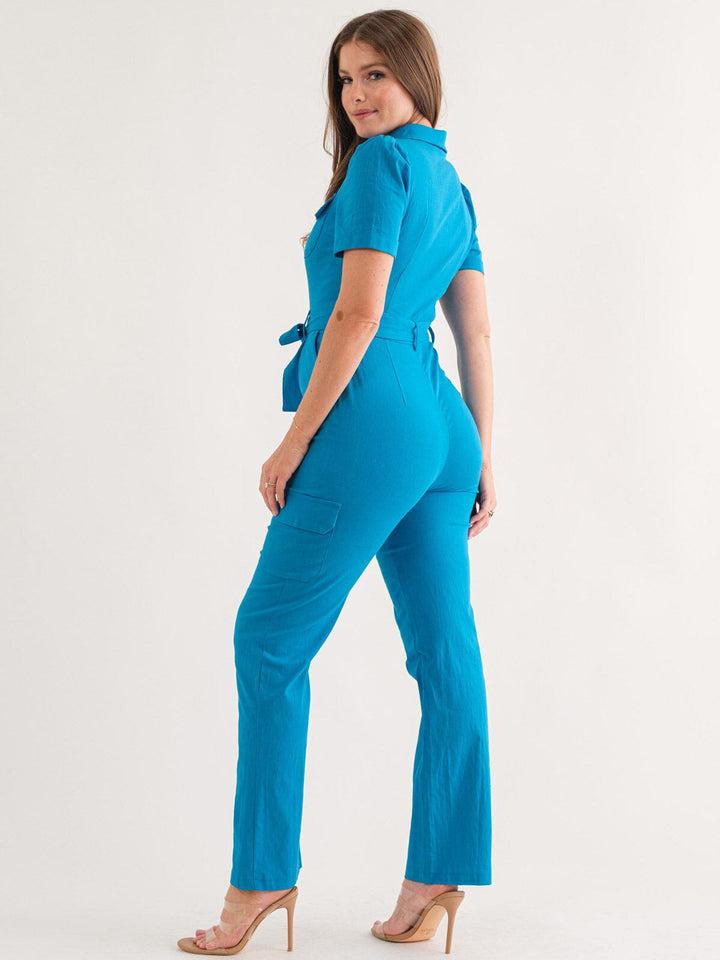 WOMEN'S SHORT SLEEVE BUTTON UP POCKETS BELTED JUMPSUIT