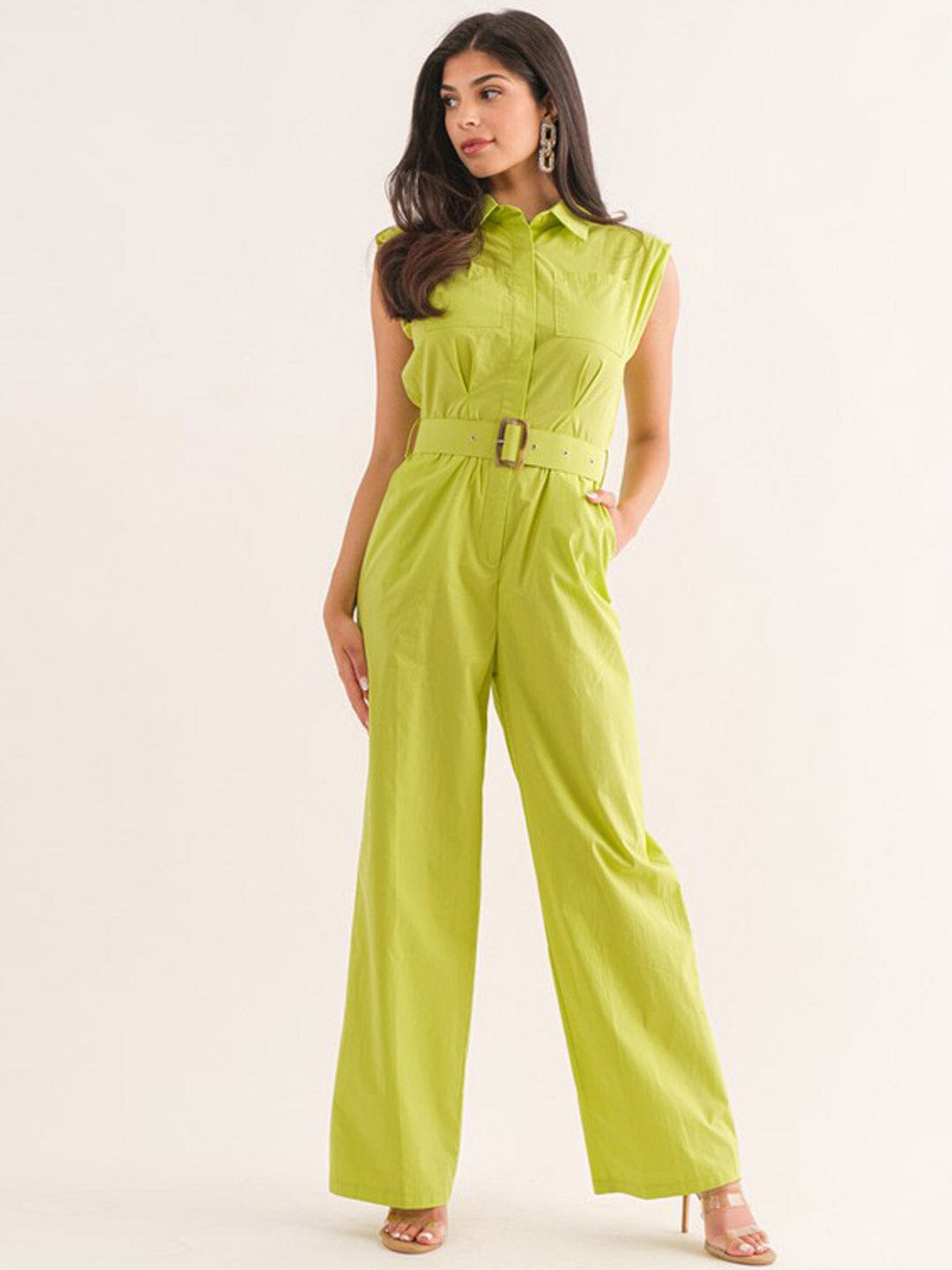 WOMEN'S PADDED SHOULDER BUTTON UP POCKETS BELTED JUMPSUIT