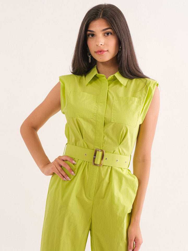 WOMEN'S PADDED SHOULDER BUTTON UP POCKETS BELTED JUMPSUIT
