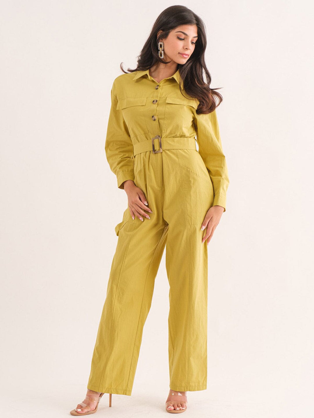 WOMEN'S LONG SLEEVE BUTTON UP POCKETS BELTED JUMPSUIT