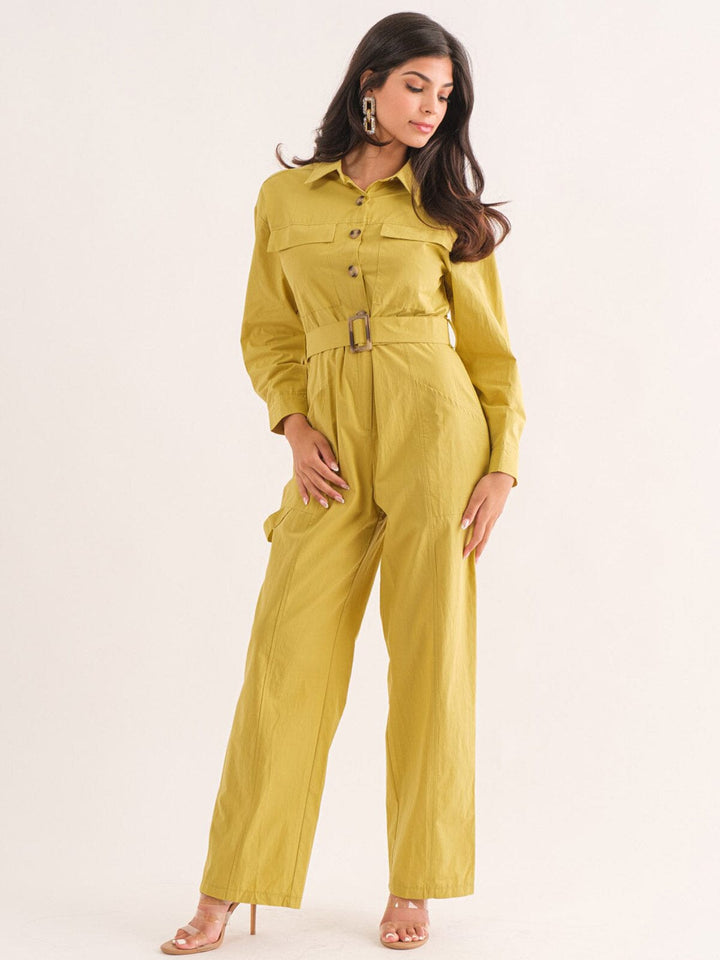WOMEN'S LONG SLEEVE BUTTON UP POCKETS BELTED JUMPSUIT