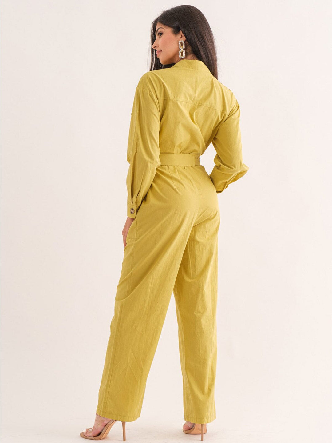 WOMEN'S LONG SLEEVE BUTTON UP POCKETS BELTED JUMPSUIT
