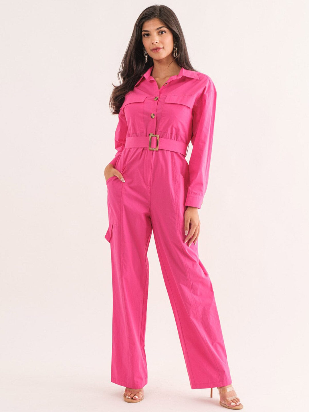 WOMEN'S LONG SLEEVE BUTTON UP POCKETS BELTED JUMPSUIT