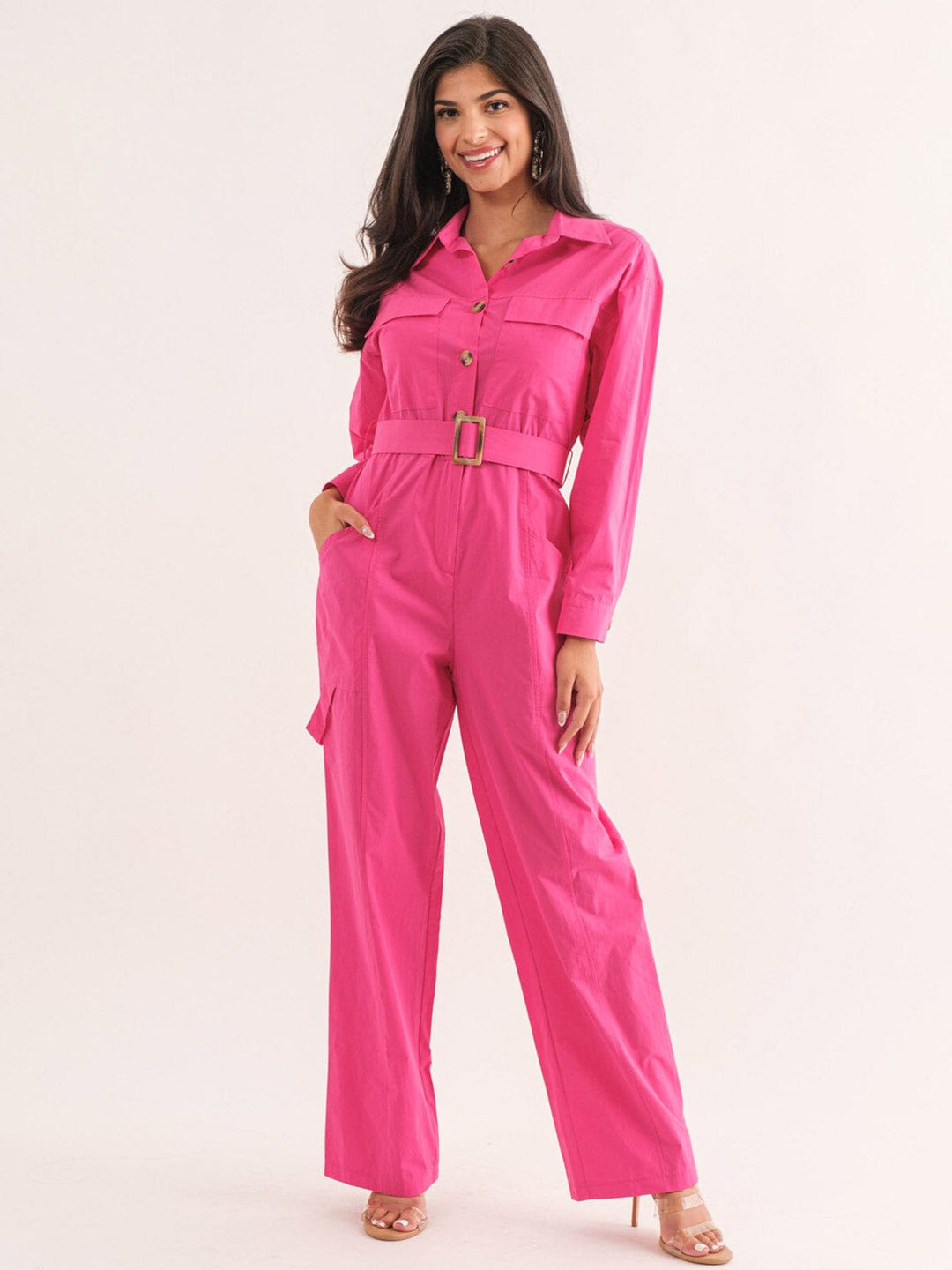 WOMEN'S LONG SLEEVE BUTTON UP POCKETS BELTED JUMPSUIT