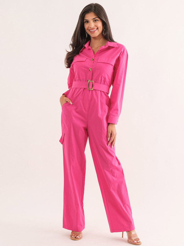 WOMEN'S LONG SLEEVE BUTTON UP POCKETS BELTED JUMPSUIT