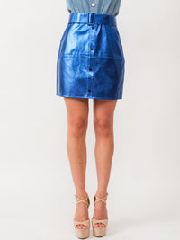 WOMEN'S BUTTON UP BELTED METALLIC MINI SKIRT