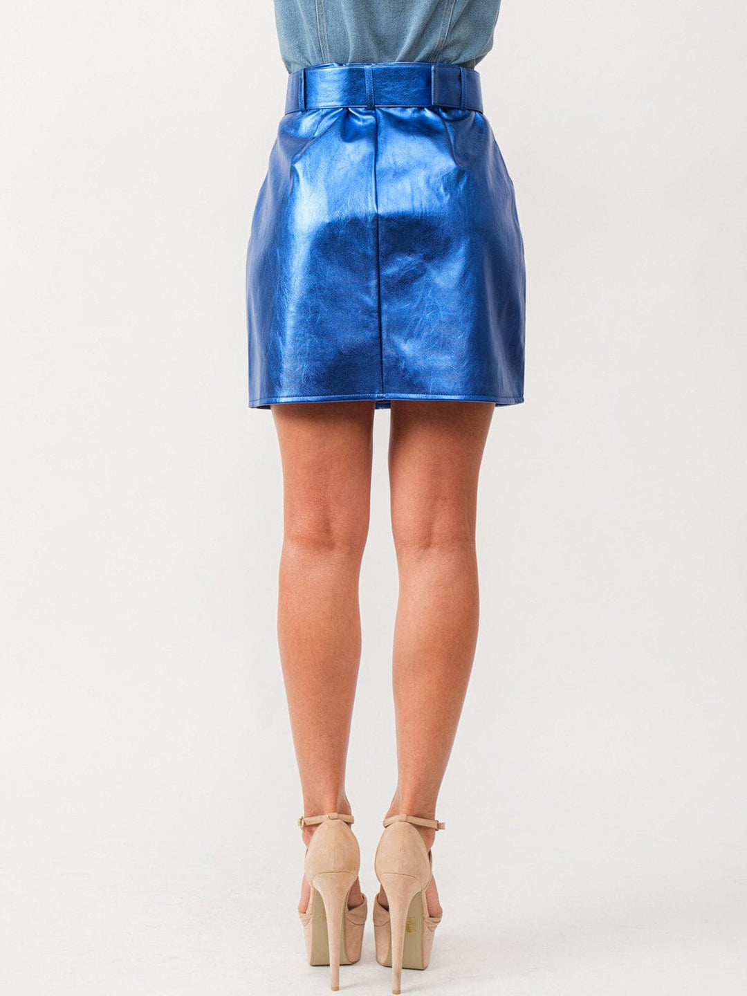 WOMEN'S BUTTON UP BELTED METALLIC MINI SKIRT