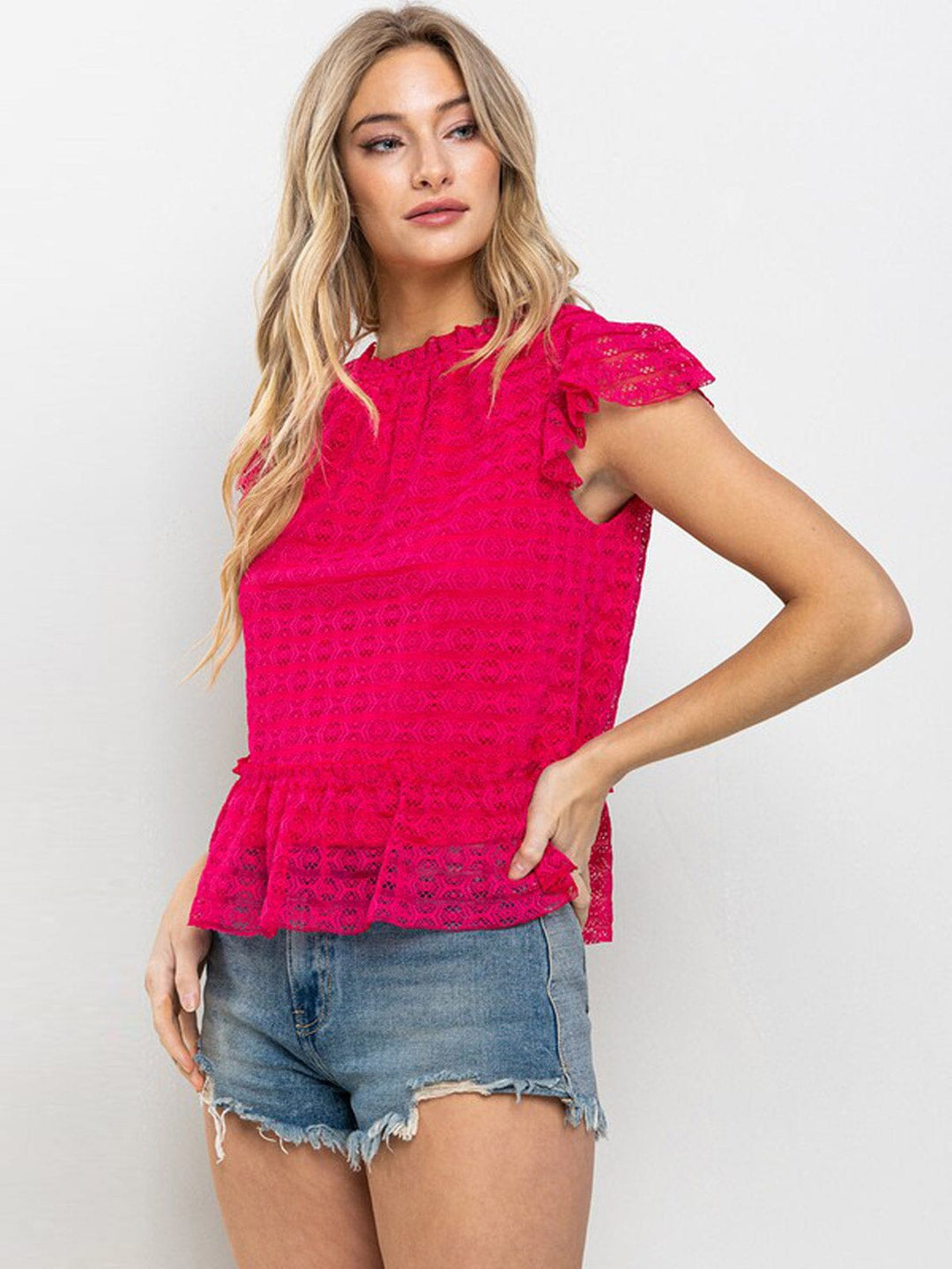 WOMEN'S SHORT RUFFLE SLEEVE MOCK NECK BLOUSE TOP