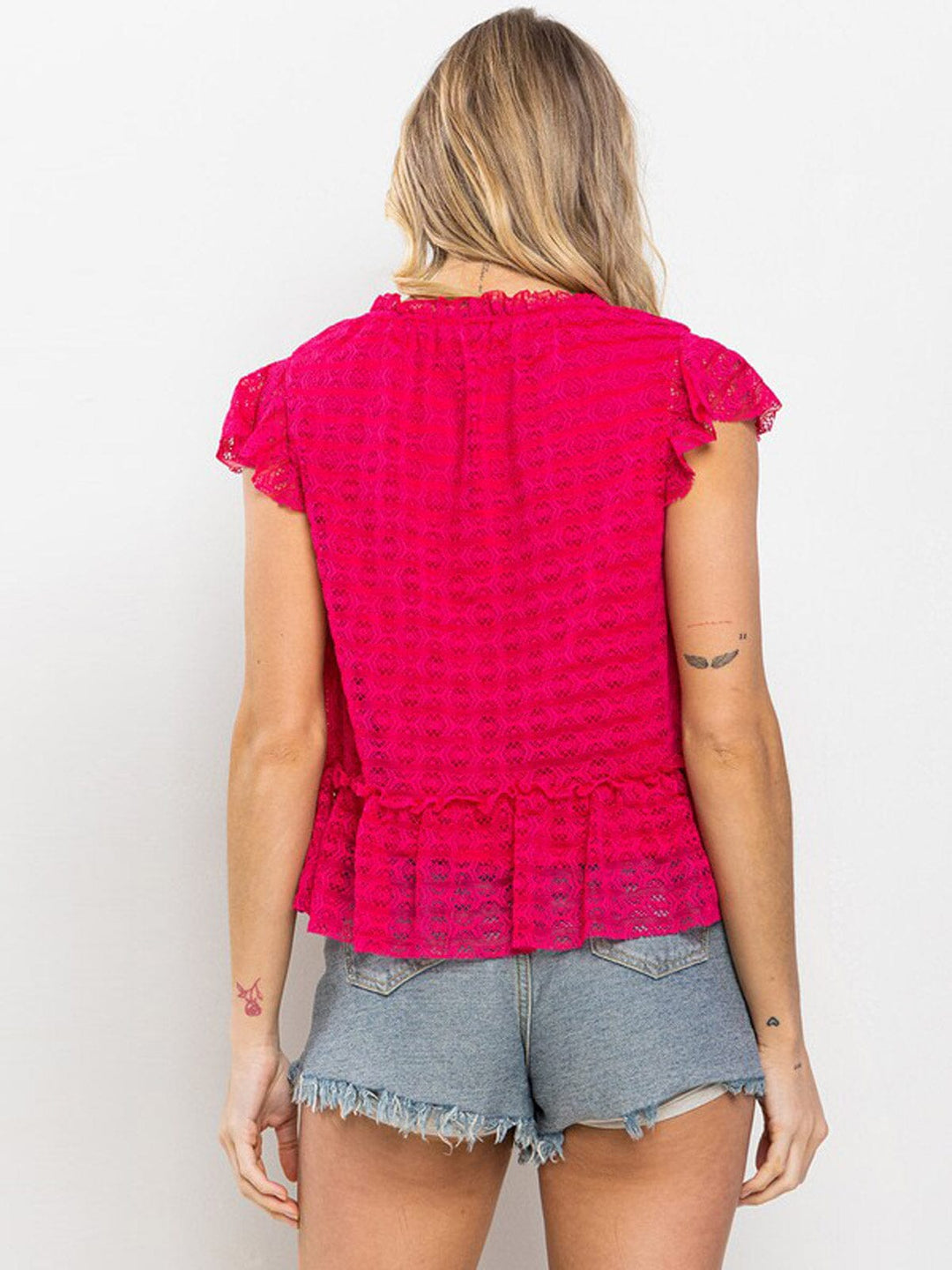 WOMEN'S SHORT RUFFLE SLEEVE MOCK NECK BLOUSE TOP