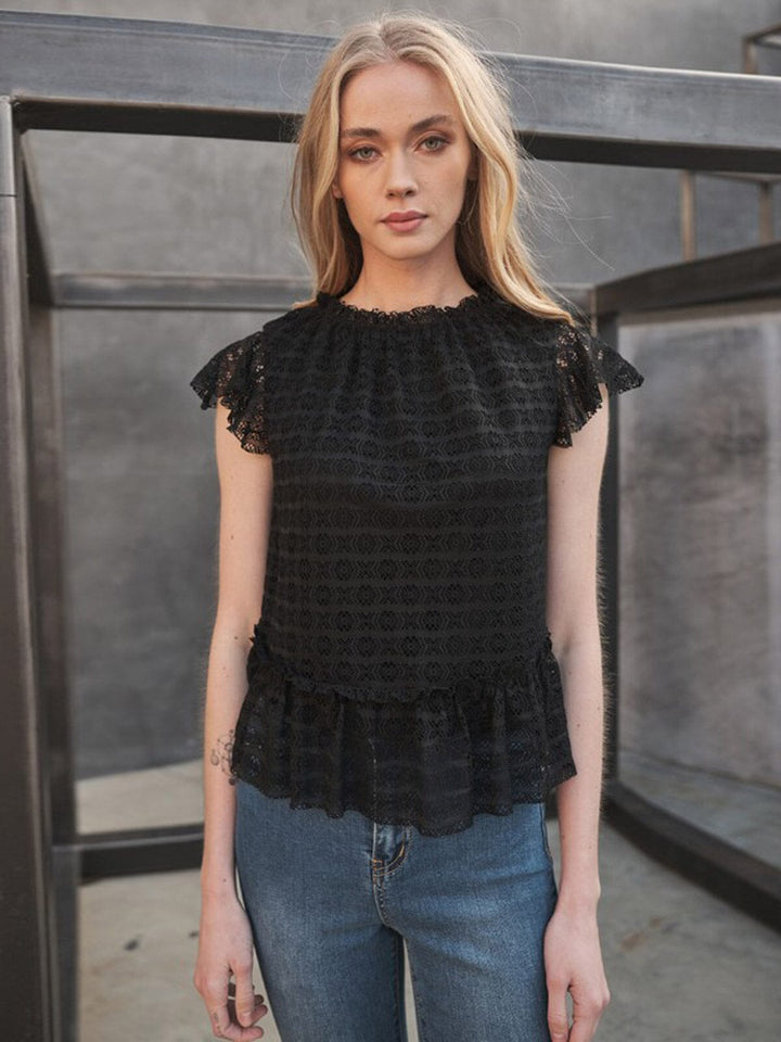 WOMEN'S SHORT RUFFLE SLEEVE MOCK NECK BLOUSE TOP