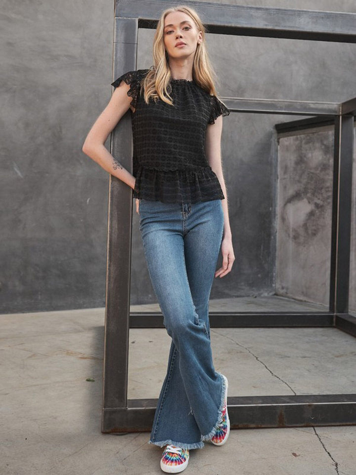 WOMEN'S SHORT RUFFLE SLEEVE MOCK NECK BLOUSE TOP