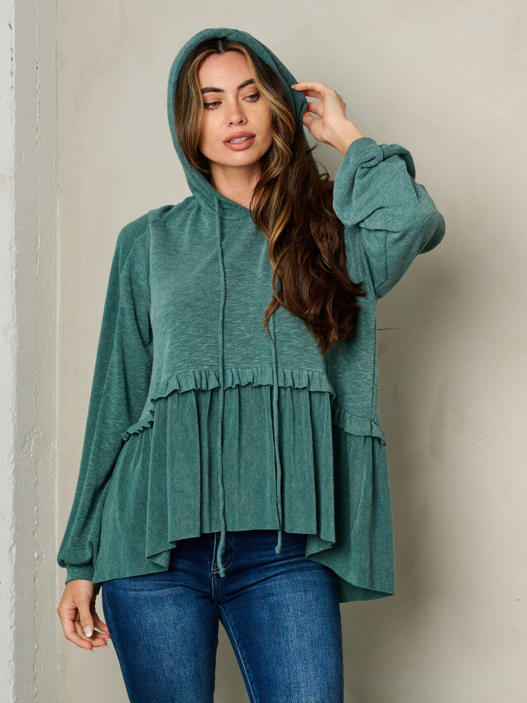 WOMEN'S LONG SLEEVE HOODED RUFFLE BOTTOM HEM TOP