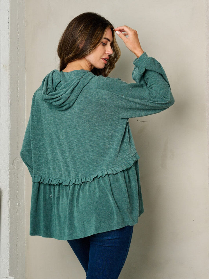 WOMEN'S LONG SLEEVE HOODED RUFFLE BOTTOM HEM TOP