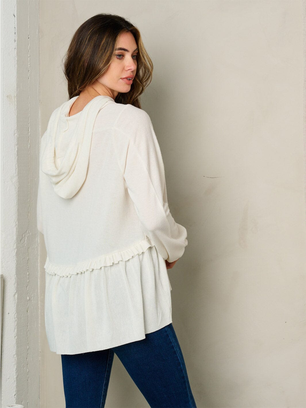 WOMEN'S LONG SLEEVE HOODED RUFFLE BOTTOM HEM TOP