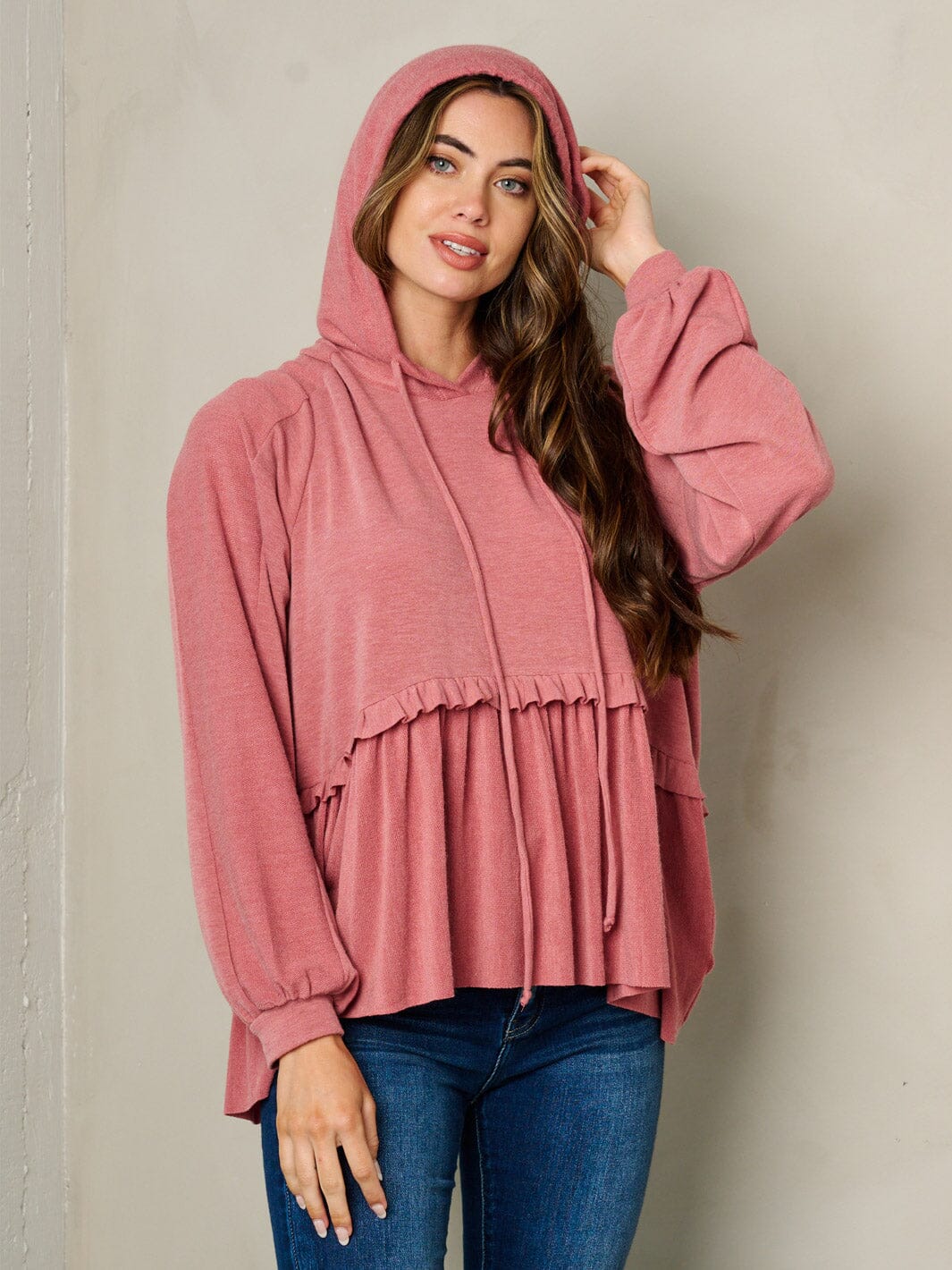 WOMEN'S LONG SLEEVE HOODED RUFFLE BOTTOM HEM TOP
