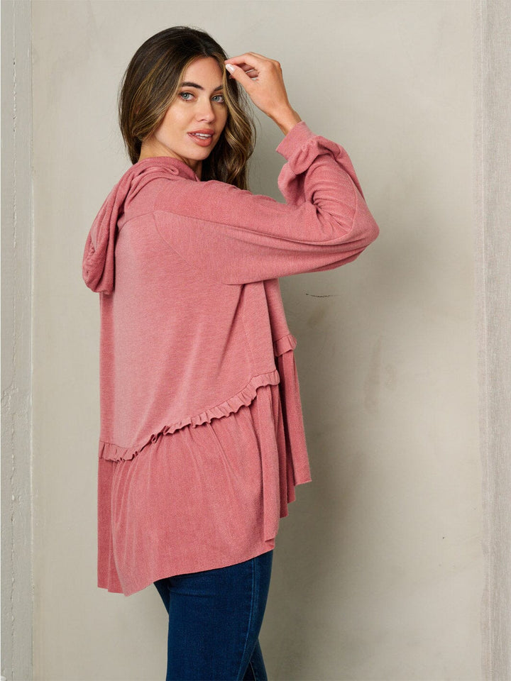 WOMEN'S LONG SLEEVE HOODED RUFFLE BOTTOM HEM TOP