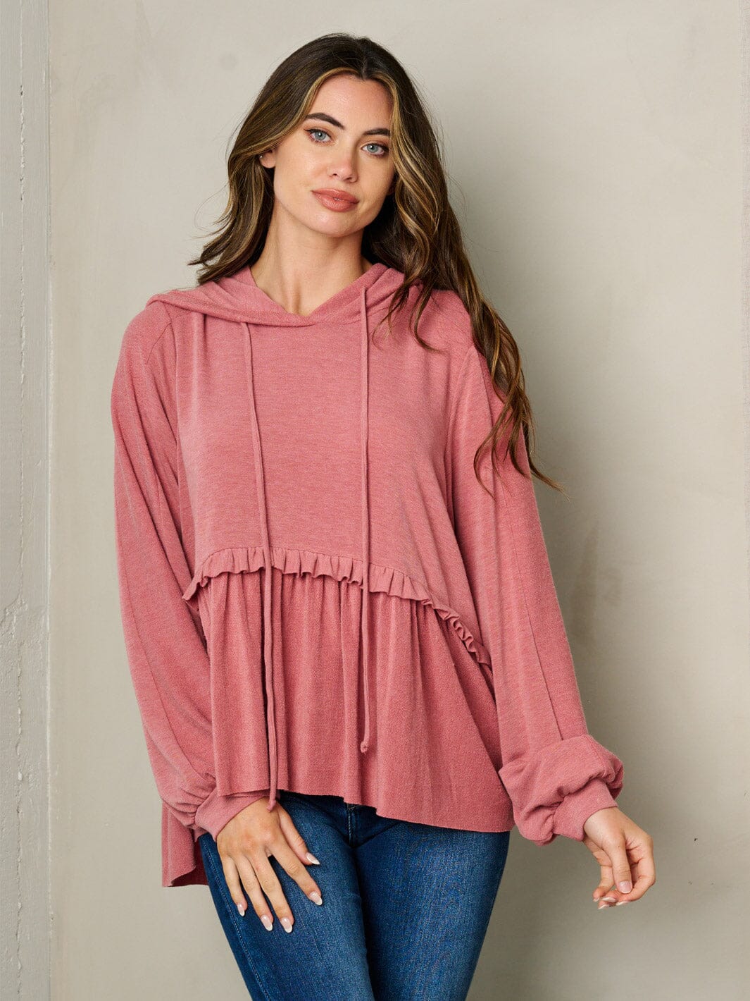 WOMEN'S LONG SLEEVE HOODED RUFFLE BOTTOM HEM TOP