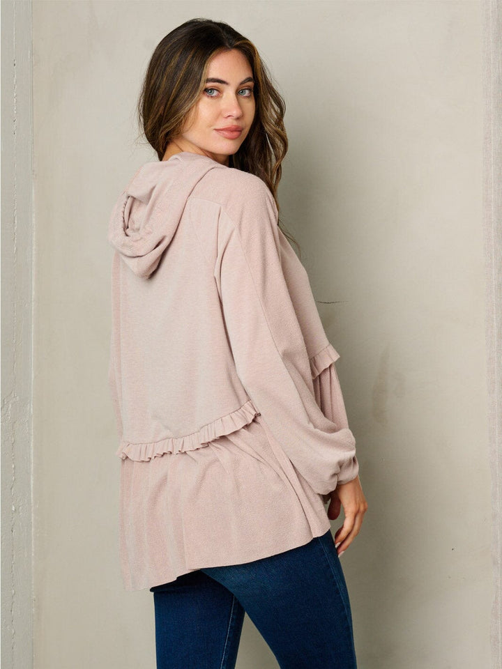 WOMEN'S LONG SLEEVE HOODED RUFFLE BOTTOM HEM TOP