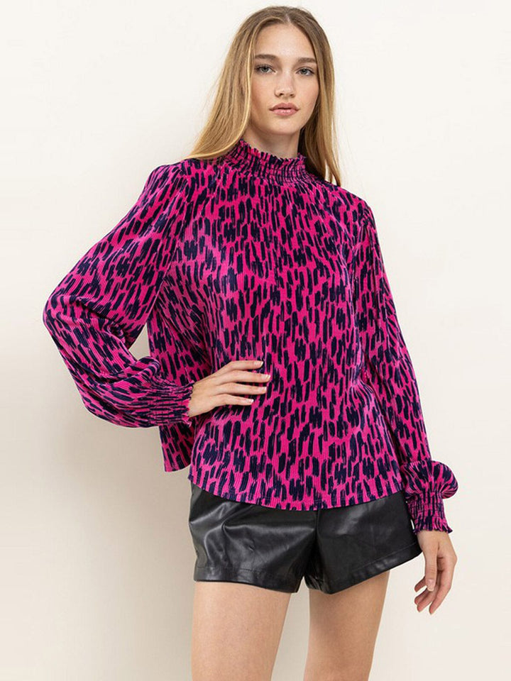 WOMEN'S LONG SLEEVE MOCK NECK ANIMAL PRINT BLOUSE TOP