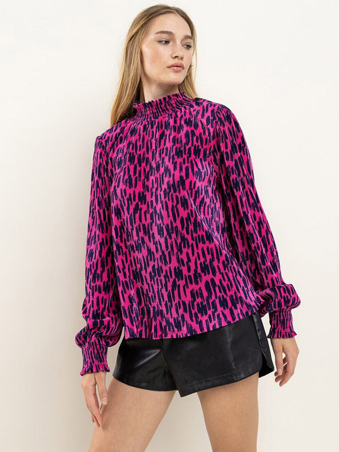 WOMEN'S LONG SLEEVE MOCK NECK ANIMAL PRINT BLOUSE TOP