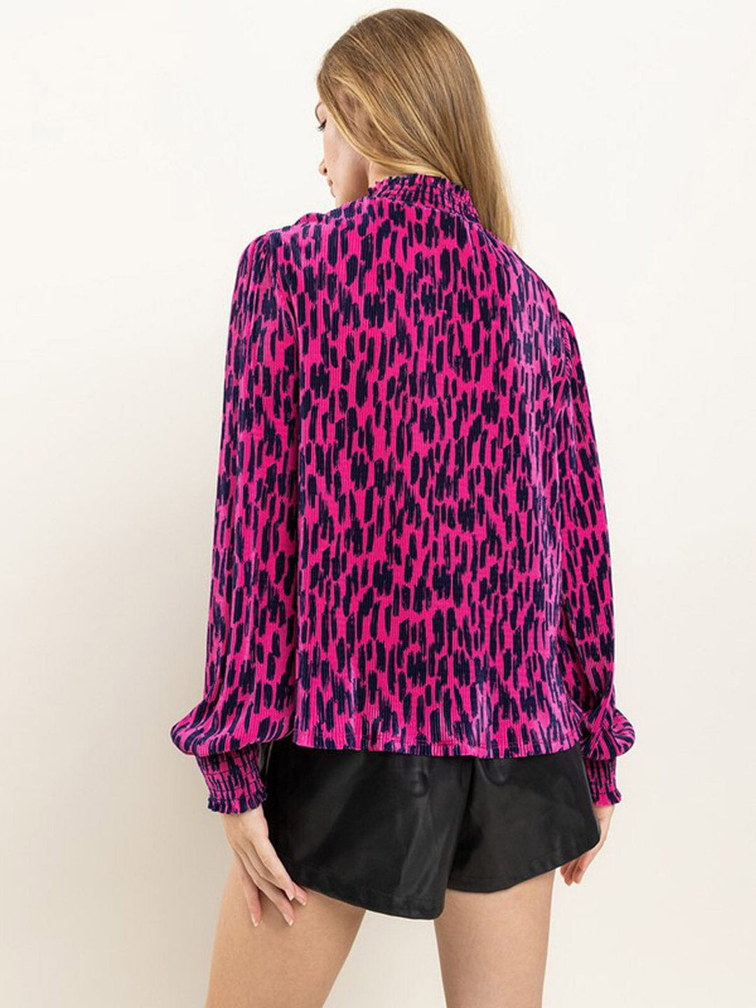WOMEN'S LONG SLEEVE MOCK NECK ANIMAL PRINT BLOUSE TOP