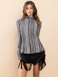 WOMEN'S LONG SLEEVE MOCK NECK STRIPES BLOUSE TOP
