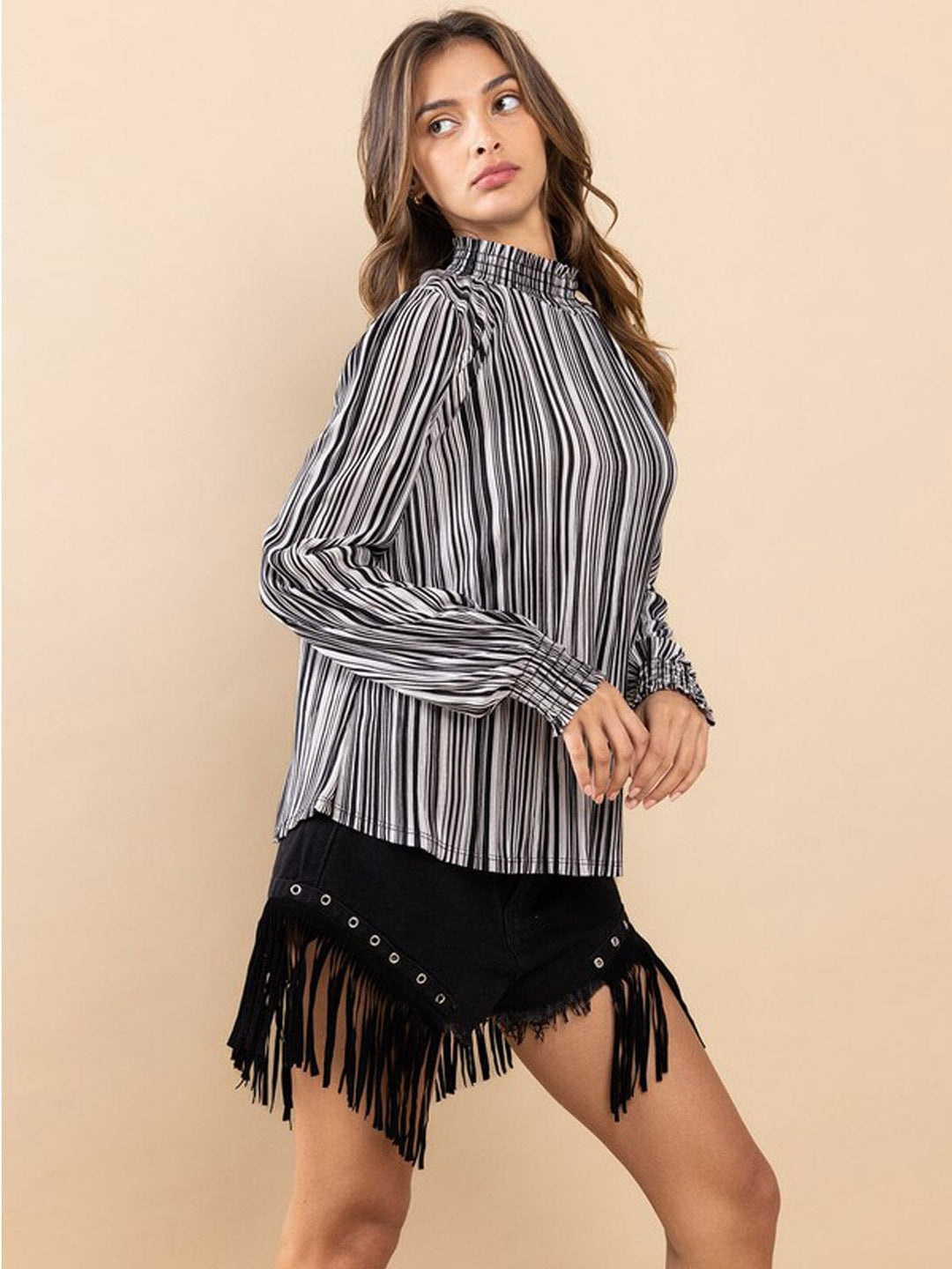 WOMEN'S LONG SLEEVE MOCK NECK STRIPES BLOUSE TOP