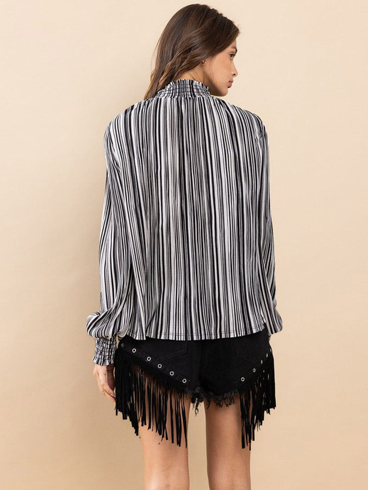 WOMEN'S LONG SLEEVE MOCK NECK STRIPES BLOUSE TOP