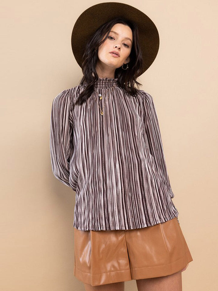 WOMEN'S LONG SLEEVE MOCK NECK STRIPES BLOUSE TOP