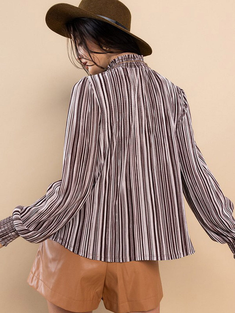 WOMEN'S LONG SLEEVE MOCK NECK STRIPES BLOUSE TOP