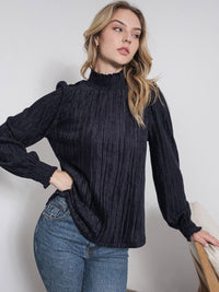 WOMEN'S LONG SLEEVE MOCK NECK RIBBED BLOUSE TOP