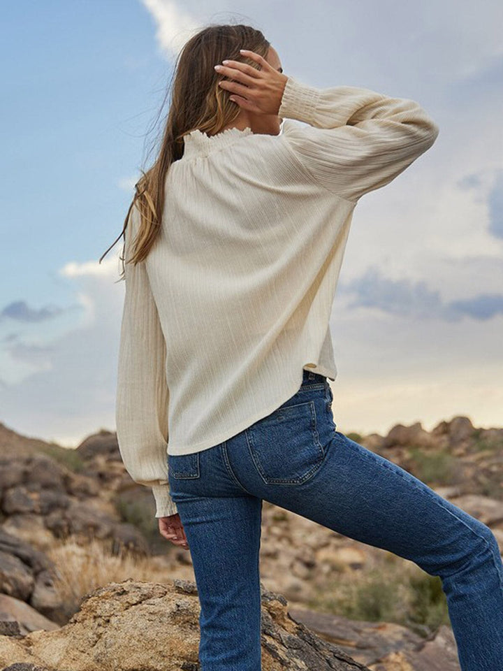 WOMEN'S LONG SLEEVE MOCK NECK RIBBED BLOUSE TOP