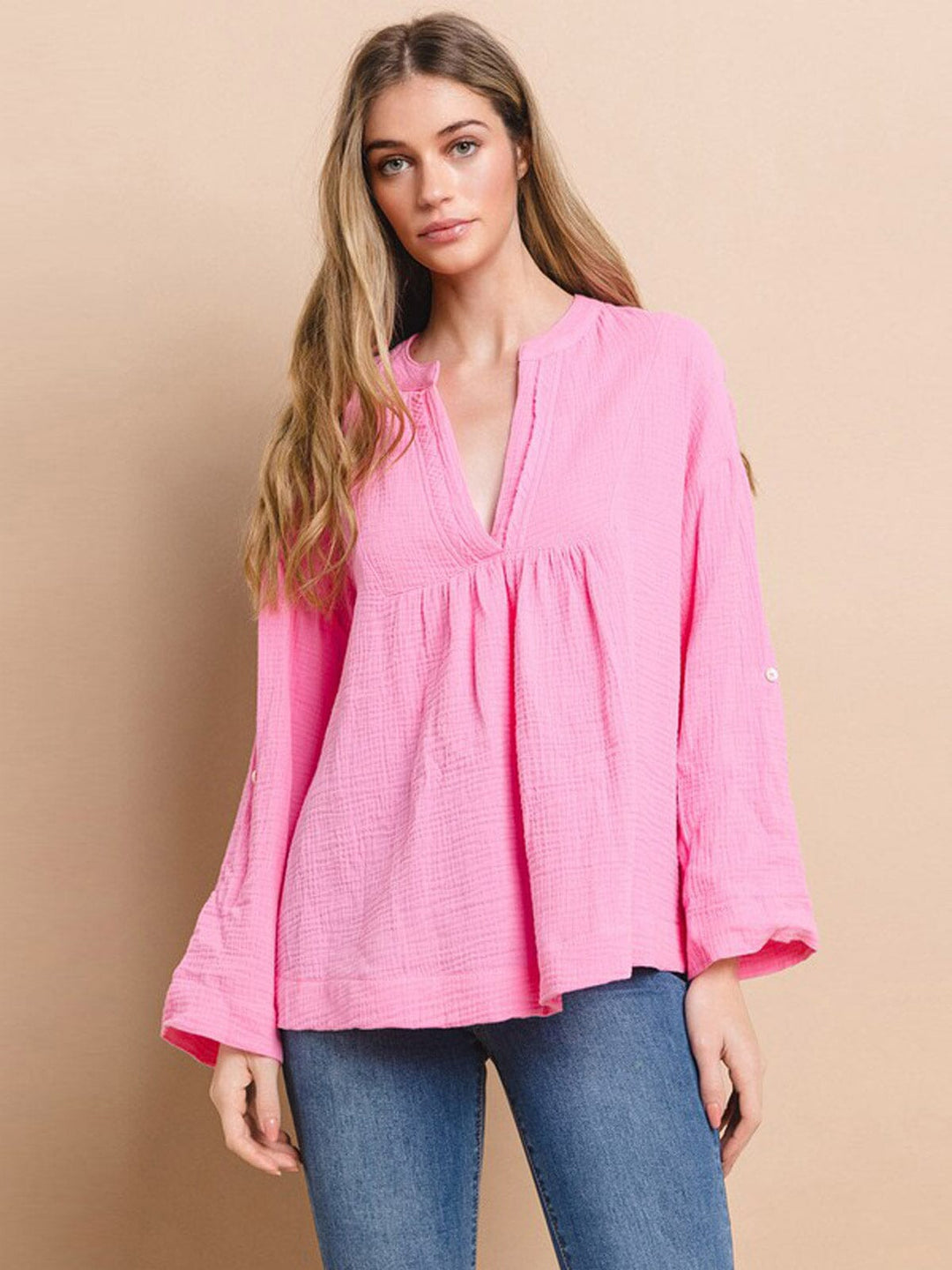 WOMEN'S LONG SLEEVE V-NECK TUNIC BLOUSE TOP