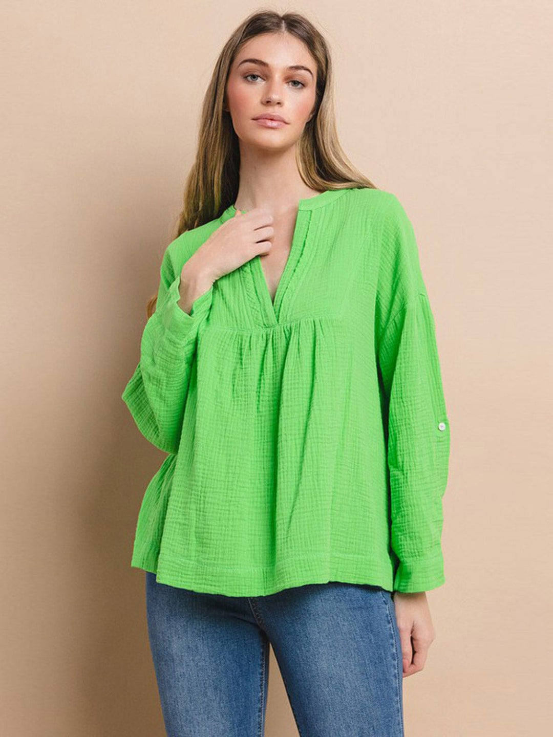 WOMEN'S LONG SLEEVE V-NECK TUNIC BLOUSE TOP