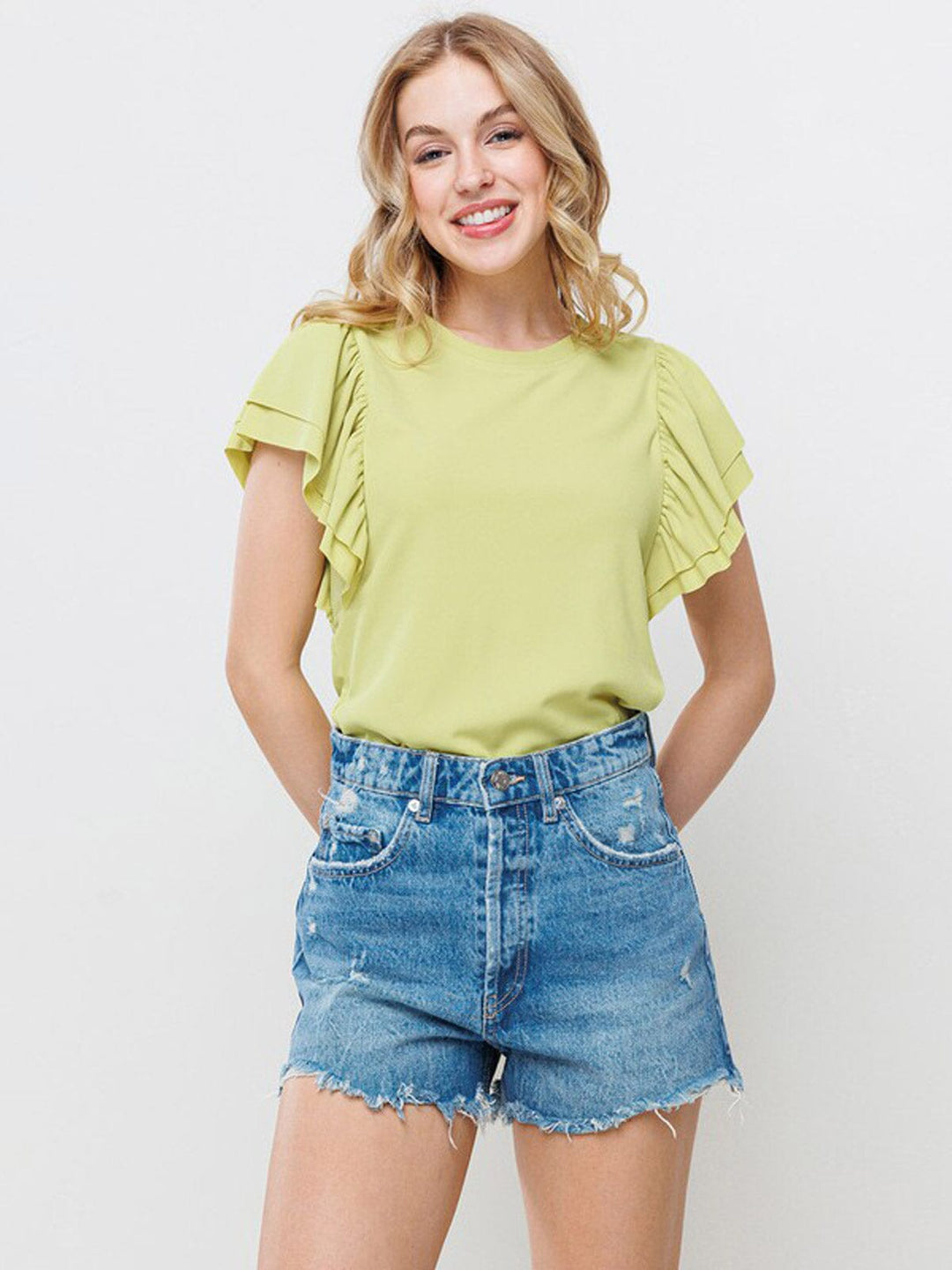WOMEN'S SHORT RUFFLE SLEEVE RIBBED BLOUSE TOP