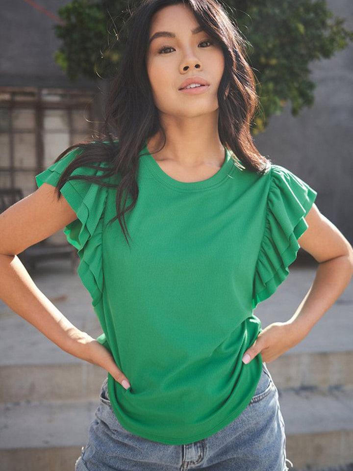 WOMEN'S SHORT RUFFLE SLEEVE RIBBED BLOUSE TOP
