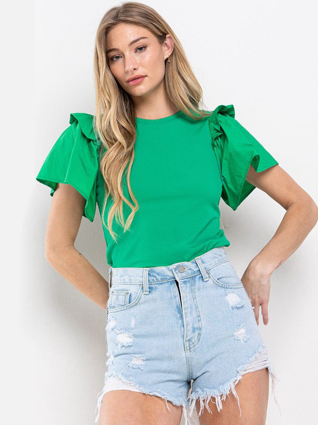 WOMEN'S SHORT RUFFLE SLEEVE RIBBED BLOUSE TOP