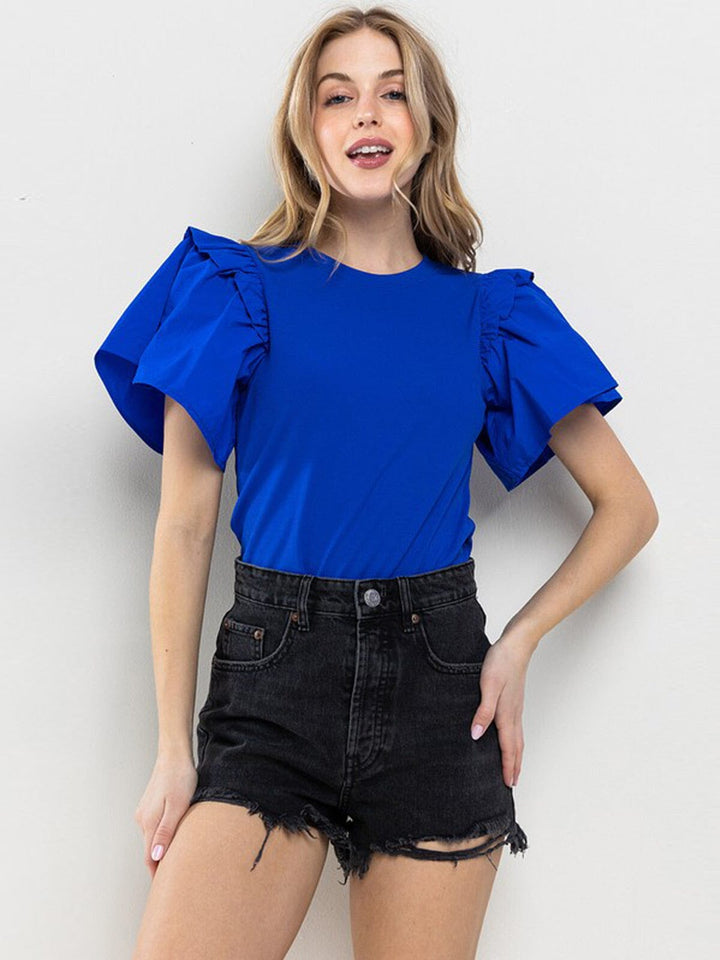 WOMEN'S SHORT RUFFLE SLEEVE RIBBED BLOUSE TOP