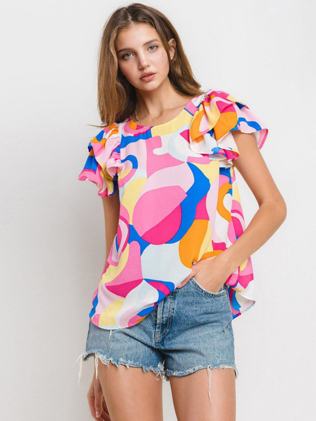 WOMEN'S SHORT RUFFLE SLEEVE MULTI PRINT BLOUSE