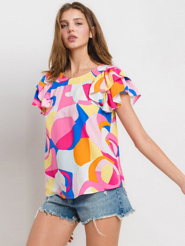 WOMEN'S SHORT RUFFLE SLEEVE MULTI PRINT BLOUSE