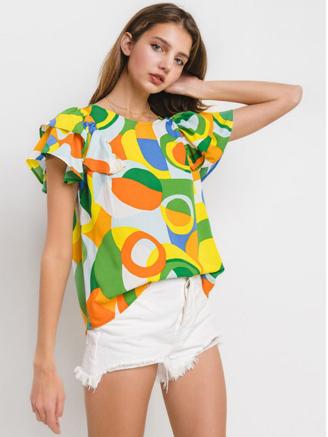 WOMEN'S SHORT RUFFLE SLEEVE MULTI PRINT BLOUSE